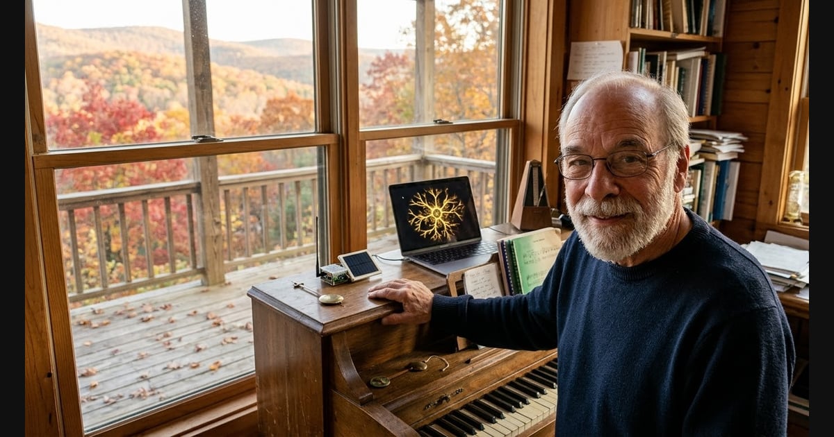 miling older man with a white beard and glasses by a piano with a broken pendulum, solar radio node, and laptop in autumn.