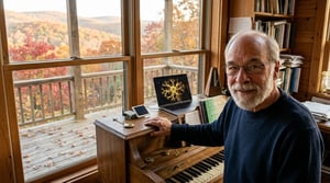 miling older man with a white beard and glasses by a piano with a broken pendulum, solar radio node, and laptop in autumn.
