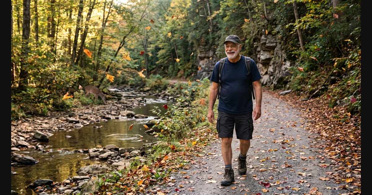 A candid photograph of a smiling older man with a white beard and a dark hiking cap, walking along a scenic gravel rail-trail in the Appalachian mountains during autumn. He wears a navy t-shirt, dark shorts, and a backpack, surrounded by falling colorful leaves, dense forest, and a shallow creek.