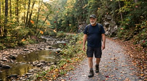 A candid photograph of a smiling older man with a white beard and a dark hiking cap, walking along a scenic gravel rail-trail in the Appalachian mountains during autumn. He wears a navy t-shirt, dark shorts, and a backpack, surrounded by falling colorful leaves, dense forest, and a shallow creek.
