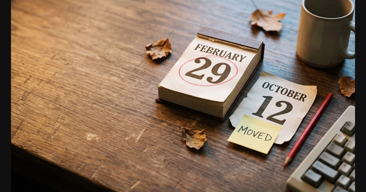 A desk calendar open to February 29, circled in red, beside a torn-off October 12 page with a sticky note reading "Moved."