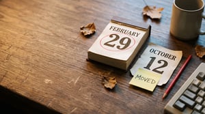 A desk calendar open to February 29, circled in red, beside a torn-off October 12 page with a sticky note reading "Moved."