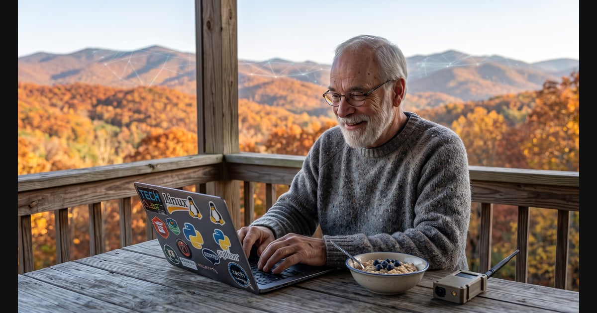 A candid 16:9 photo of an older man with glasses and a gray beard, wearing a gray, specked wool sweater, smiling as he types on a laptop at a rustic wooden outdoor table on a porch. The laptop has open-source tech stickers, and next to it is a steaming bowl of oatmeal with blueberries and a small Meshtastic radio node with an antenna. Behind him are rolling Appalachian mountains covered in vibrant autumn foliage under a clear sky, with a faint, subtle holographic network grid connecting the peaks.