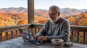 A candid 16:9 photo of an older man with glasses and a gray beard, wearing a gray, specked wool sweater, smiling as he types on a laptop at a rustic wooden outdoor table on a porch. The laptop has open-source tech stickers, and next to it is a steaming bowl of oatmeal with blueberries and a small Meshtastic radio node with an antenna. Behind him are rolling Appalachian mountains covered in vibrant autumn foliage under a clear sky, with a faint, subtle holographic network grid connecting the peaks.