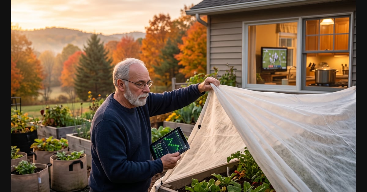 A candid, natural photograph of an older man in his late 60s with short gray hair, glasses, and a full gray beard, working in his backyard garden on a crisp autumn morning. He is wearing a dark blue crewneck sweater and is actively pulling back a large, translucent white frost blanket over a raised garden bed with his left hand, while holding a tablet in his right hand that displays green stock market charts and open-source code. The garden is filled with raised wooden beds and fabric grow bags containing various leafy green plants. In the background, the warm, brightly lit interior of his house is visible through a kitchen window, where a television is showing a football game and a large pot is simmering on the stove. The surrounding landscape features rolling hills with deciduous trees in peak autumn foliage of fiery orange, red, and yellow, alongside deep green pine trees under a golden-orange morning sky with rising mist.