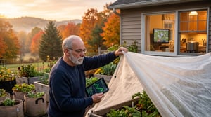 A candid, natural photograph of an older man in his late 60s with short gray hair, glasses, and a full gray beard, working in his backyard garden on a crisp autumn morning. He is wearing a dark blue crewneck sweater and is actively pulling back a large, translucent white frost blanket over a raised garden bed with his left hand, while holding a tablet in his right hand that displays green stock market charts and open-source code. The garden is filled with raised wooden beds and fabric grow bags containing various leafy green plants. In the background, the warm, brightly lit interior of his house is visible through a kitchen window, where a television is showing a football game and a large pot is simmering on the stove. The surrounding landscape features rolling hills with deciduous trees in peak autumn foliage of fiery orange, red, and yellow, alongside deep green pine trees under a golden-orange morning sky with rising mist.