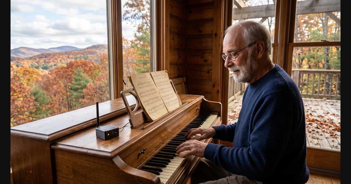 George Aguiar playing a wooden upright piano in a sunlit Appalachian cabin, with vintage sheet music and a glowing LoRa mesh radio node on top, overlooking vibrant October foliage.