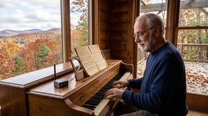 George Aguiar playing a wooden upright piano in a sunlit Appalachian cabin, with vintage sheet music and a glowing LoRa mesh radio node on top, overlooking vibrant October foliage.