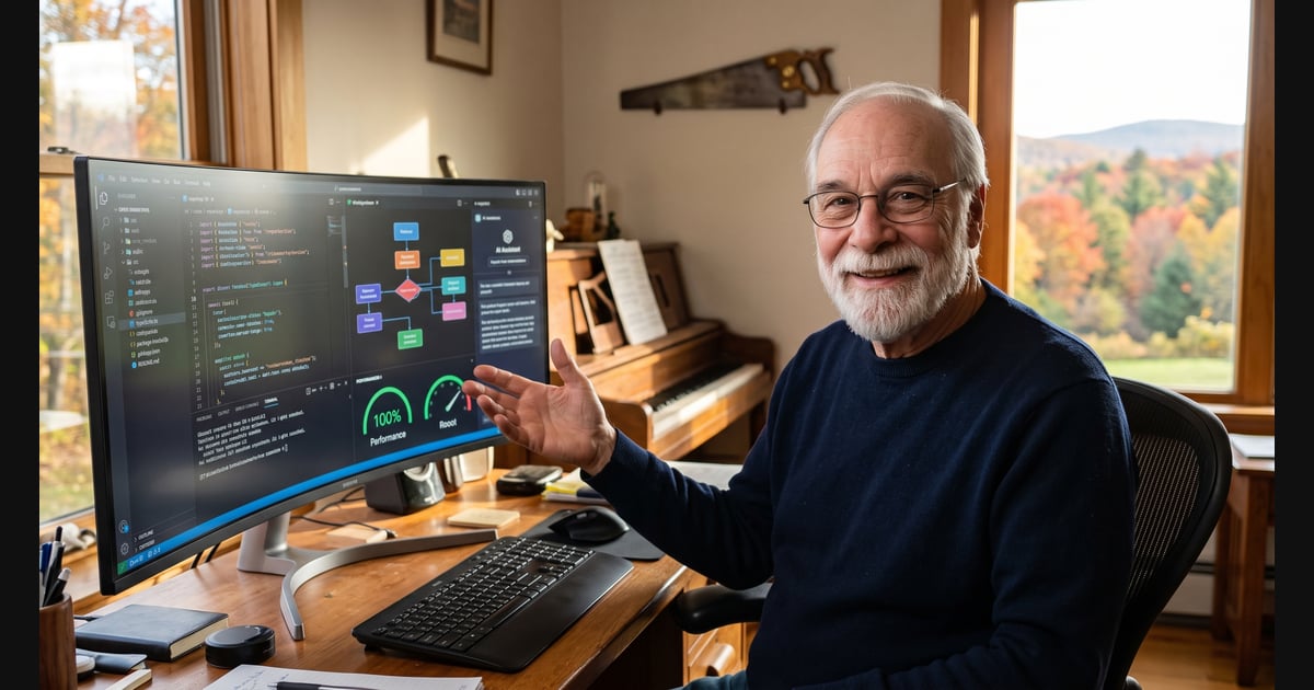 George is sitting at a warm wooden desk in a sunlit home office, happily gesturing toward a sleek curved computer monitor displaying clean TypeScript code, architectural flowcharts, and glowing green 100% web performance gauges alongside an AI coding assistant interface. In the soft-focus background inside the room sits an upright piano and an antique brass hand saw mounted on the wall as a nod to craftsmanship. Through a large window beside the desk, crisp mid-October autumn scenery is visible: rolling countryside hills covered in vibrant orange, crimson, and golden deciduous trees mixed with deep green pine trees under a golden morning sun. 