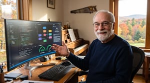 George is sitting at a warm wooden desk in a sunlit home office, happily gesturing toward a sleek curved computer monitor displaying clean TypeScript code, architectural flowcharts, and glowing green 100% web performance gauges alongside an AI coding assistant interface. In the soft-focus background inside the room sits an upright piano and an antique brass hand saw mounted on the wall as a nod to craftsmanship. Through a large window beside the desk, crisp mid-October autumn scenery is visible: rolling countryside hills covered in vibrant orange, crimson, and golden deciduous trees mixed with deep green pine trees under a golden morning sun.