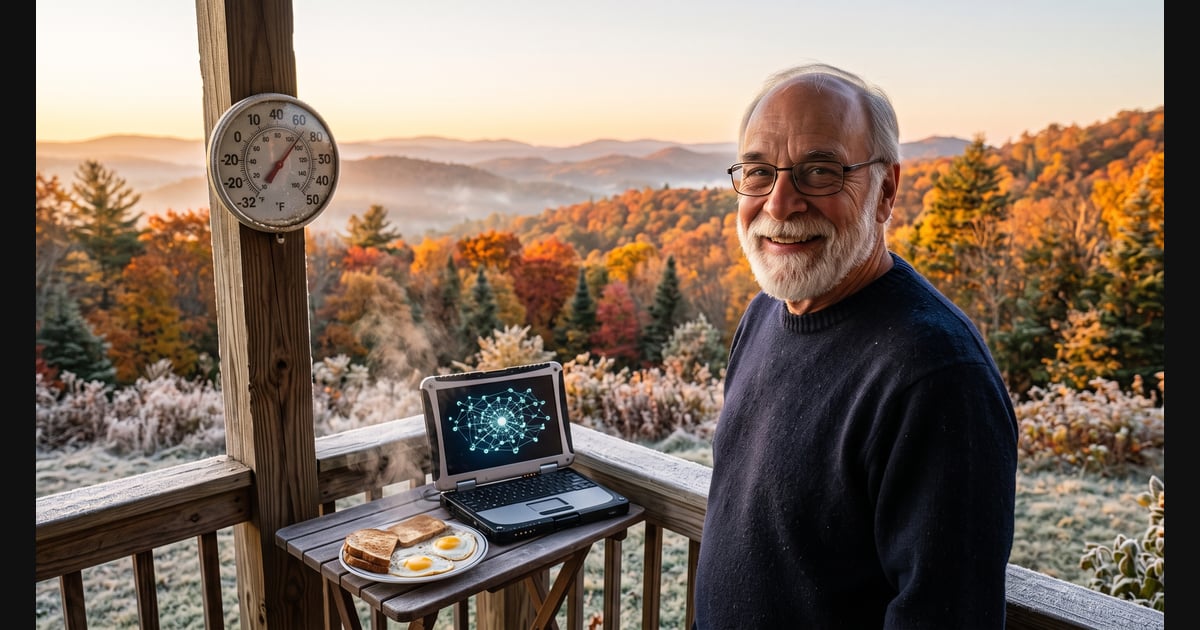 Geo sits on a frost-covered porch with an acoustic guitar, a laptop, and a mesh radio node against a backdrop of vibrant autumn mountain hills at sunrise[cite: 1, 2]. (Note: If using the garden image from earlier, use: "A smiling older man with a white beard, glasses, and navy sweater stands in a frost-covered autumn garden holding a small solar-powered mesh radio node with vibrant fall mountain hills at sunrise in the background