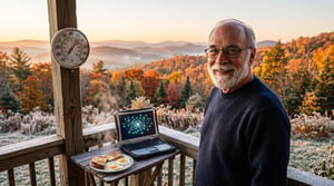 Geo sits on a frost-covered porch with an acoustic guitar, a laptop, and a mesh radio node against a backdrop of vibrant autumn mountain hills at sunrise[cite: 1, 2]. (Note: If using the garden image from earlier, use: "A smiling older man with a white beard, glasses, and navy sweater stands in a frost-covered autumn garden holding a small solar-powered mesh radio node with vibrant fall mountain hills at sunrise in the background