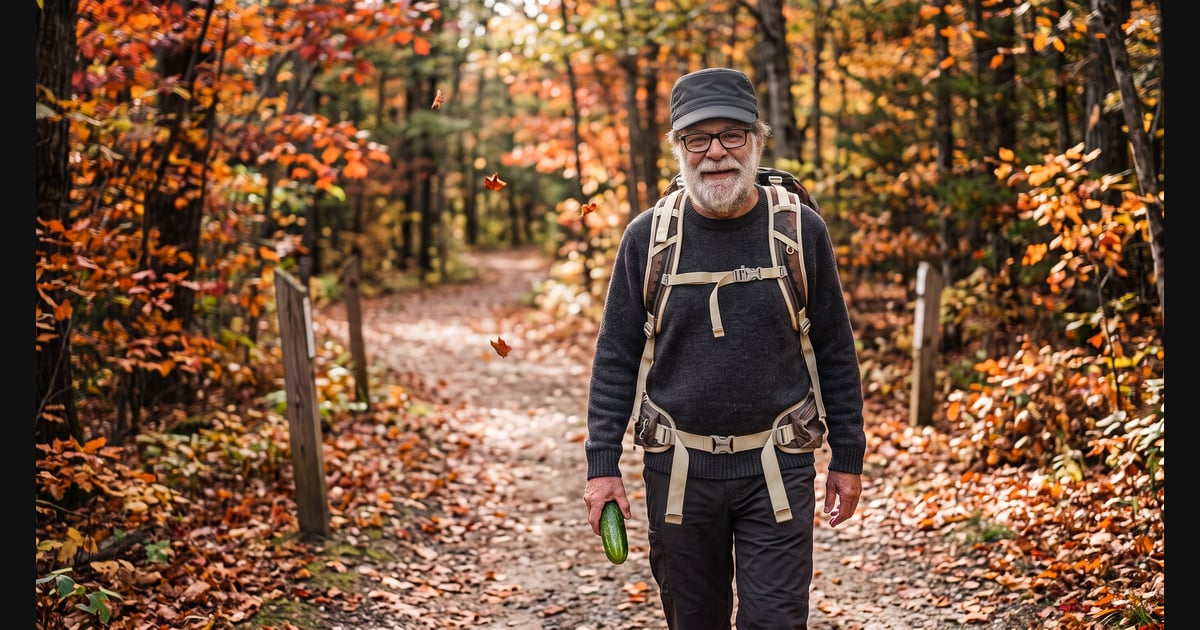 George hiking with a cucumber