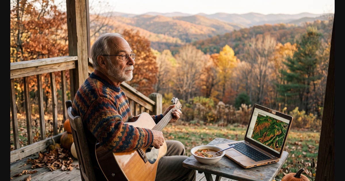 An older man with a white beard and glasses sits on a wooden porch in a colorful striped sweater, playing an acoustic guitar while looking out over autumn-colored mountain hills, with a bowl of soup and a laptop displaying a terrain map on a small table beside him.