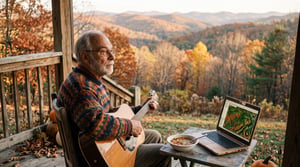 An older man with a white beard and glasses sits on a wooden porch in a colorful striped sweater, playing an acoustic guitar while looking out over autumn-colored mountain hills, with a bowl of soup and a laptop displaying a terrain map on a small table beside him.