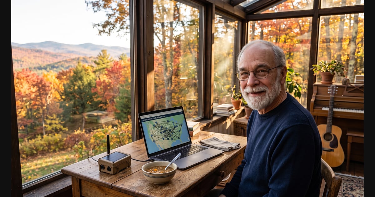 I am  sitting at a wooden desk on a glass-enclosed porch overlooking rolling mountain hills in peak late-October autumn. Outside the window, crisp golden afternoon sunlight illuminates vibrant autumn foliage with sugar maples and oaks in rich crimson, burnt orange, and gold mixed with green pines. On the desk in front of me sit an open laptop displaying a decentralized mesh network map, a small solar-powered LoRa radio node, a steaming bowl of homemade lentil soup, and an acoustic guitar resting against a piano in the background, symbolizing the harmony of disciplined participation and liberation technology.