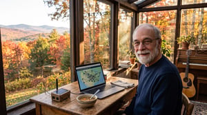 I am sitting at a wooden desk on a glass-enclosed porch overlooking rolling mountain hills in peak late-October autumn. Outside the window, crisp golden afternoon sunlight illuminates vibrant autumn foliage with sugar maples and oaks in rich crimson, burnt orange, and gold mixed with green pines. On the desk in front of me sit an open laptop displaying a decentralized mesh network map, a small solar-powered LoRa radio node, a steaming bowl of homemade lentil soup, and an acoustic guitar resting against a piano in the background, symbolizing the harmony of disciplined participation and liberation technology.