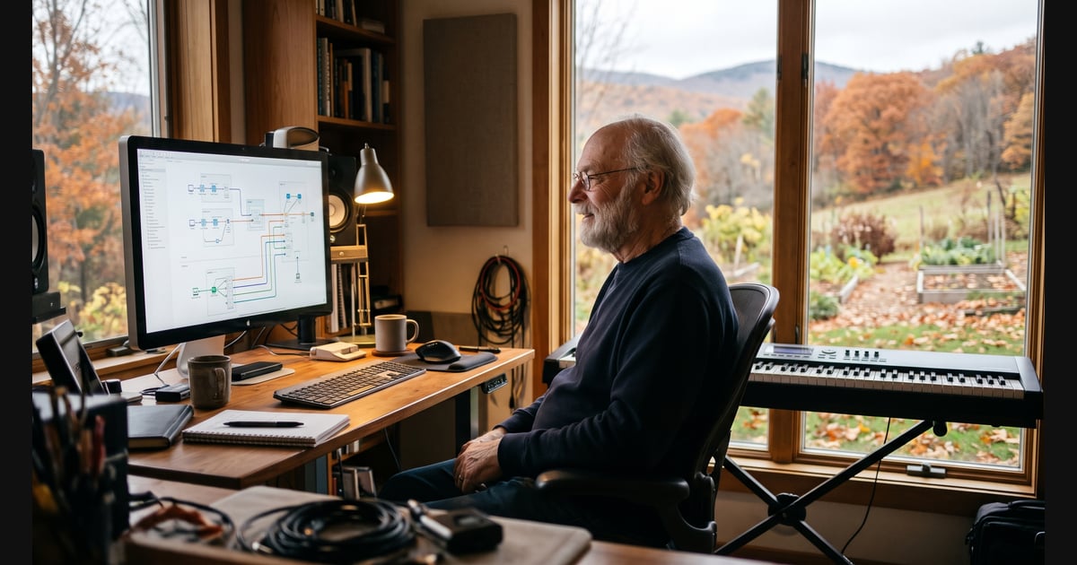 A side-profile photo of an older man with glasses, a white beard, and receding gray hair sitting in a cozy home studio, smiling gently at a desktop monitor displaying network architecture diagrams. A digital keyboard sits next to him in front of a large window that looks out over raised garden beds, fallen leaves, and autumn-colored mountain hills.
