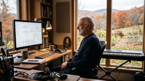 A side-profile photo of an older man with glasses, a white beard, and receding gray hair sitting in a cozy home studio, smiling gently at a desktop monitor displaying network architecture diagrams. A digital keyboard sits next to him in front of a large window that looks out over raised garden beds, fallen leaves, and autumn-colored mountain hills.
