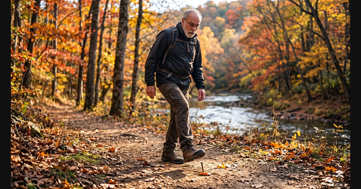 An action photograph captures a keen and active man in his late 60s hiking on a leaf-strewn forest trail, pausing to dodge a rusted nail just in time. The crisp West Virginia autumn foliage is bathed in late afternoon sunlight, framing a moments-long escape from a hike-ending step.