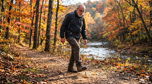 An action photograph captures a keen and active man in his late 60s hiking on a leaf-strewn forest trail, pausing to dodge a rusted nail just in time. The crisp West Virginia autumn foliage is bathed in late afternoon sunlight, framing a moments-long escape from a hike-ending step.