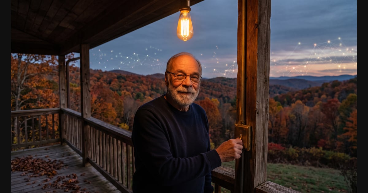 An older man with a white beard and glasses switches on a warm porch light overlooking autumn hills and glowing digital nodes.