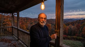 An older man with a white beard and glasses switches on a warm porch light overlooking autumn hills and glowing digital nodes.