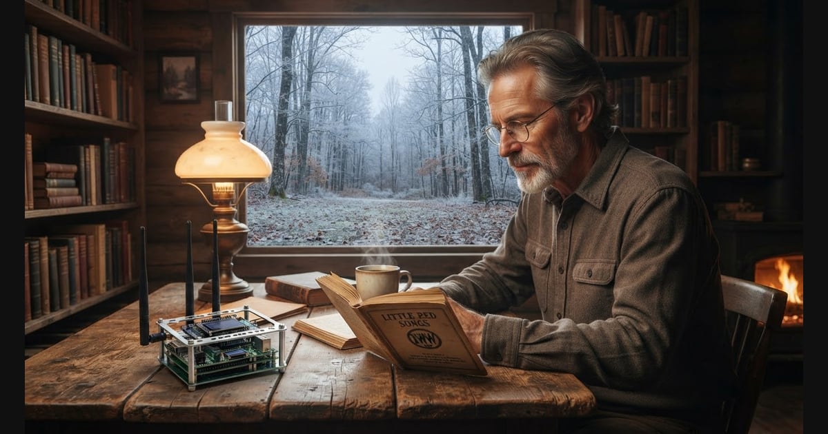 Here is a descriptive alt text for the image: Alt Text: A mature man with a graying beard, mustache, and wire-rimmed glasses sits at a rustic wooden table inside a log cabin, reading an open book labeled "Little Red Songs". On the table next to him are a steaming mug of coffee, a vintage oil lamp glowing softly, and a custom open-source hardware mesh node device with multiple antennas. Through a large window behind him, a late-autumn forest with frosted bare trees and scattered leaves is visible under a pale gray sky. The cozy interior features wooden walls lined with bookshelves and a warm fireplace glowing on the right.