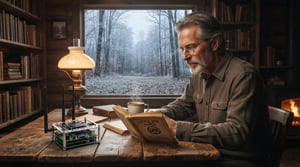 Here is a descriptive alt text for the image: Alt Text: A mature man with a graying beard, mustache, and wire-rimmed glasses sits at a rustic wooden table inside a log cabin, reading an open book labeled "Little Red Songs". On the table next to him are a steaming mug of coffee, a vintage oil lamp glowing softly, and a custom open-source hardware mesh node device with multiple antennas. Through a large window behind him, a late-autumn forest with frosted bare trees and scattered leaves is visible under a pale gray sky. The cozy interior features wooden walls lined with bookshelves and a warm fireplace glowing on the right.