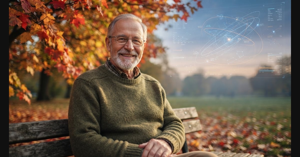 Alt Text: A photorealistic portrait of a smiling elderly man with short graying hair, a neat gray beard, and wire-rimmed glasses, wearing a green sweater and sitting on a wooden park bench outdoors. Vibrant red and golden autumn foliage frames the scene on the left, while a translucent, glowing digital interface showing satellite orbits and telemetry data floats in the hazy twilight sky to the right.