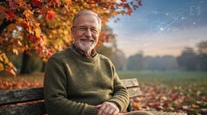 Alt Text: A photorealistic portrait of a smiling elderly man with short graying hair, a neat gray beard, and wire-rimmed glasses, wearing a green sweater and sitting on a wooden park bench outdoors. Vibrant red and golden autumn foliage frames the scene on the left, while a translucent, glowing digital interface showing satellite orbits and telemetry data floats in the hazy twilight sky to the right.