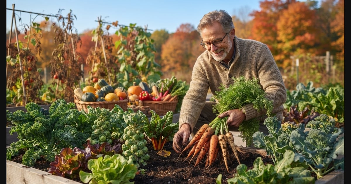 A mature man with glasses and a gray beard kneeling in a raised garden bed during a crisp autumn morning, holding a freshly harvested bunch of carrots. Baskets filled with winter squash, pumpkins, and potatoes rest on nearby wooden boxes alongside a digital tablet displaying a garden layout and seed packets, with vibrant gold and orange fall foliage visible in the background.