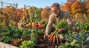 A mature man with glasses and a gray beard kneeling in a raised garden bed during a crisp autumn morning, holding a freshly harvested bunch of carrots. Baskets filled with winter squash, pumpkins, and potatoes rest on nearby wooden boxes alongside a digital tablet displaying a garden layout and seed packets, with vibrant gold and orange fall foliage visible in the background.