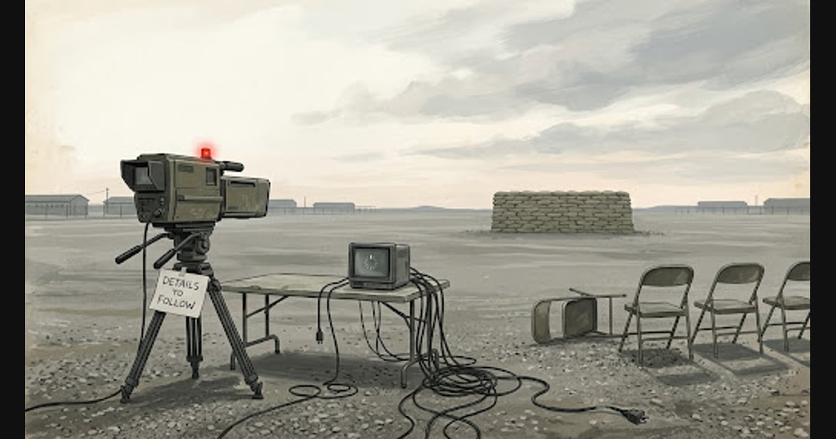 This editorial illustration in a muted, vintage painterly style depicts an empty military parade ground at dawn, where a broadcast camera with a "DETAILS TO FOLLOW" sign and a folding table with a buffering monitor face a blank sandbagged wall, surrounded only by a tangle of unplugged cables and several empty folding chairs, with one tipped over and no people in sight.