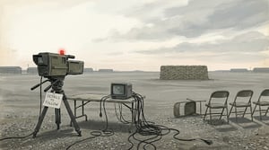 This editorial illustration in a muted, vintage painterly style depicts an empty military parade ground at dawn, where a broadcast camera with a "DETAILS TO FOLLOW" sign and a folding table with a buffering monitor face a blank sandbagged wall, surrounded only by a tangle of unplugged cables and several empty folding chairs, with one tipped over and no people in sight.