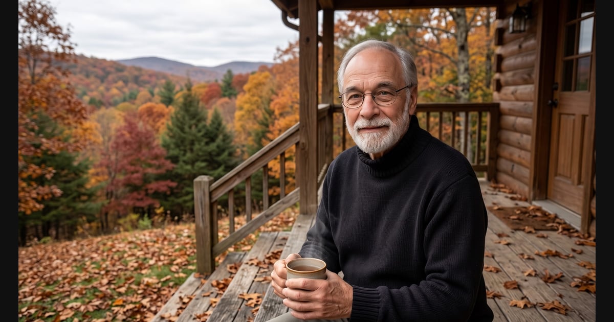 An older man with a white beard and glasses sits on a cabin porch holding a steaming mug, looking at the camera. The background shows a colorful autumn mountain landscape.