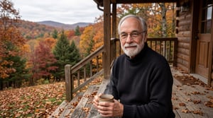 An older man with a white beard and glasses sits on a cabin porch holding a steaming mug, looking at the camera. The background shows a colorful autumn mountain landscape.