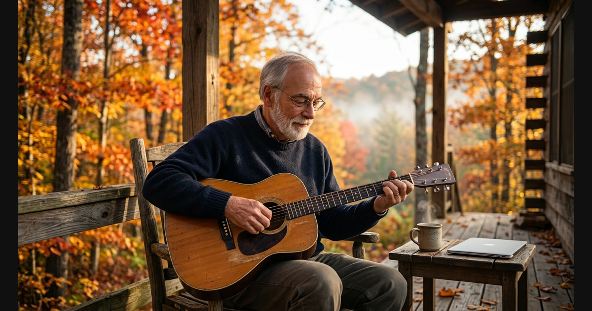George sitting on a rustic wooden porch playing an acoustic guitar. Surrounding the porch are vibrant autumn trees with brilliant orange and red foliage under a clear October sunrise sky, soft natural morning light, cozy and peaceful atmosphere 