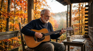 George sitting on a rustic wooden porch playing an acoustic guitar. Surrounding the porch are vibrant autumn trees with brilliant orange and red foliage under a clear October sunrise sky, soft natural morning light, cozy and peaceful atmosphere 